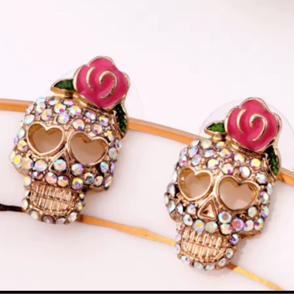 Halloween Skeleton Gold Crystal Earrings - Picture 8 of 13